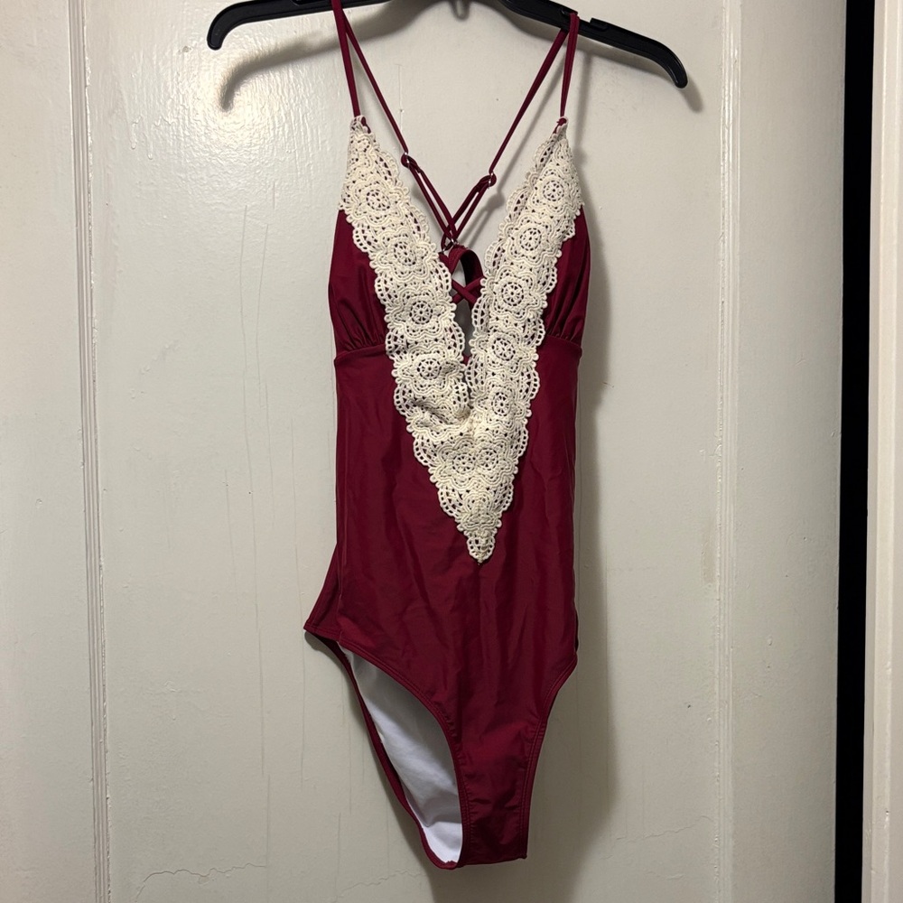 Cupshe Burgundy and Cream Lace One Piece Swimsuit